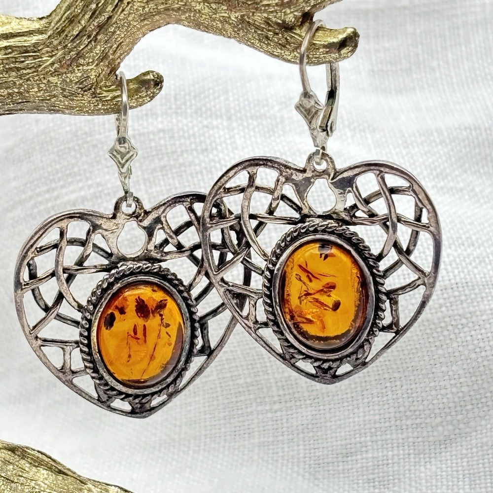Vintage Amber Heart Earrings Sterling Silver Filagree Dangle LS, Lee Sands